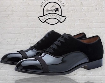 Handmade Black Patent Leather & Velvet Oxford Dress Shoes: Men's Luxury Formal Footwear