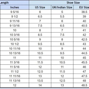 Puede incluir: Tabla de conversi&oacute;n de tallas de zapatos con medidas en cent&iacute;metros y pulgadas, incluyendo tallas de EE. UU., Reino Unido/India, UE y CM/JP. La tabla comienza en 23,7 cm (9 5/16 pulgadas) y llega hasta 30,5 cm (12 pulgadas).
