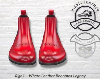 Red Leather Chelsea Brogue Boots – Handmade Wingtip Dress Boots – Luxury Men’s Footwear