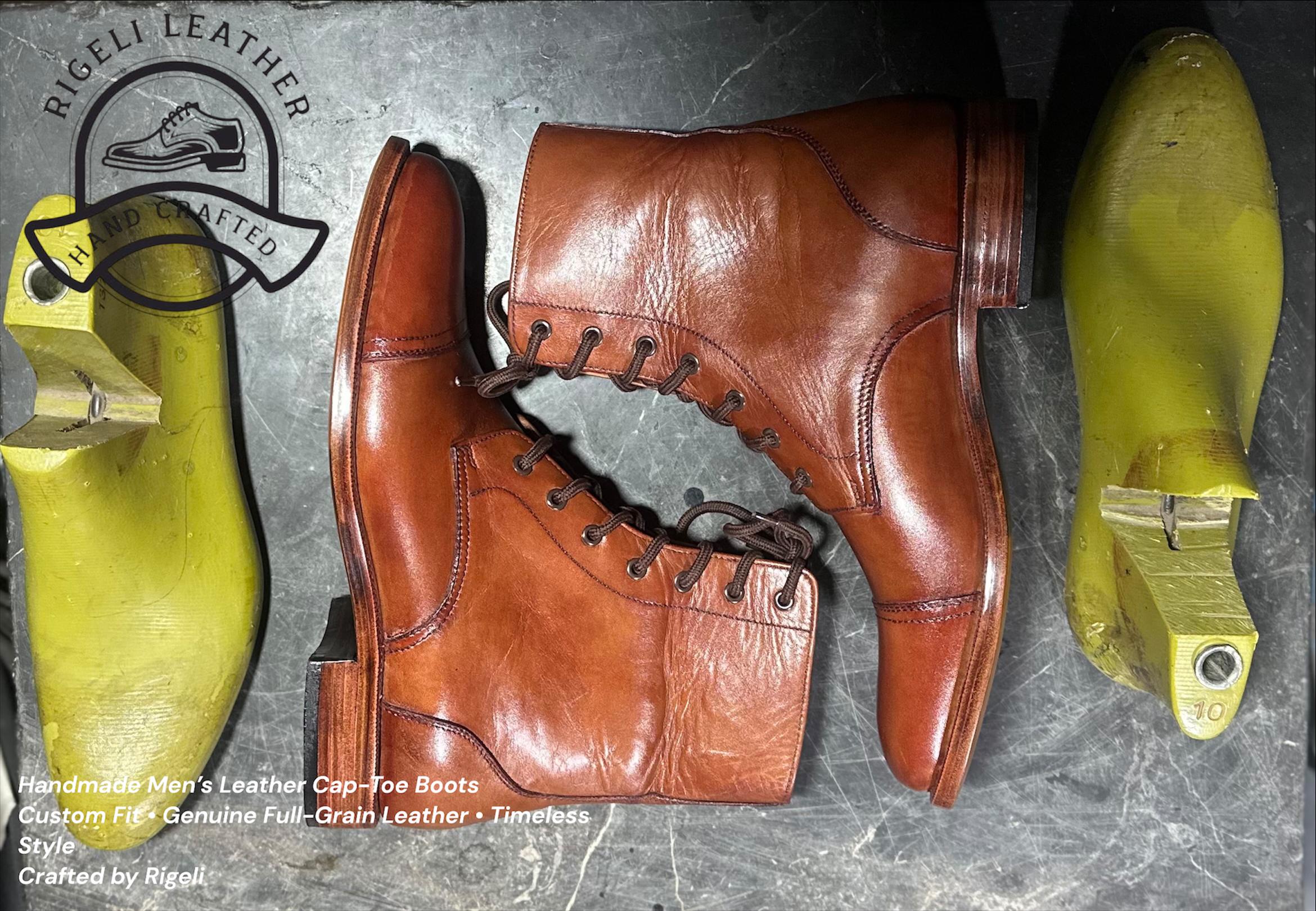Albahaca Vintage Brown Leather Cap Toe Lace-Up Boots Cap-Toe Trench Boot - Natural Chromexcel, Leather Sole with  main image 2