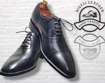 Handmade Black Oxford Dress Shoes – Cap Toe, Men’s Formal Lace-Up Shoes, Wedding & Business Footwear, Custom Made