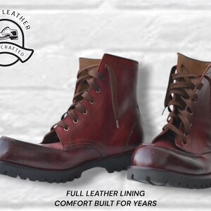 May include: A pair of dark reddish-brown leather boots with brown laces, a thick black lug sole, and a rounded toe. The logo Rigeli Leather Hand Crafted is visible in the corner, and the text Full Leather Lining Comfort Built For Years is below.