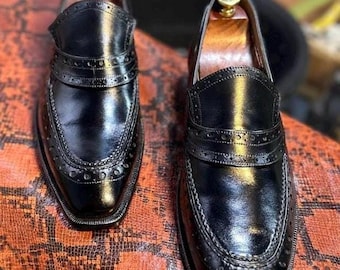Mocassins brogues en cuir noir faits main – Chaussures à enfiler à bout golf pour hommes, chaussures habillées pour mariages et affaires
