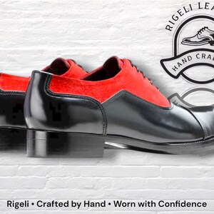 May include: Black and red leather dress shoes with a two-tone design. The shoes have a glossy black finish on the lower portion and a red suede upper. The image includes the text "Rigeli Leather Hand Crafted".