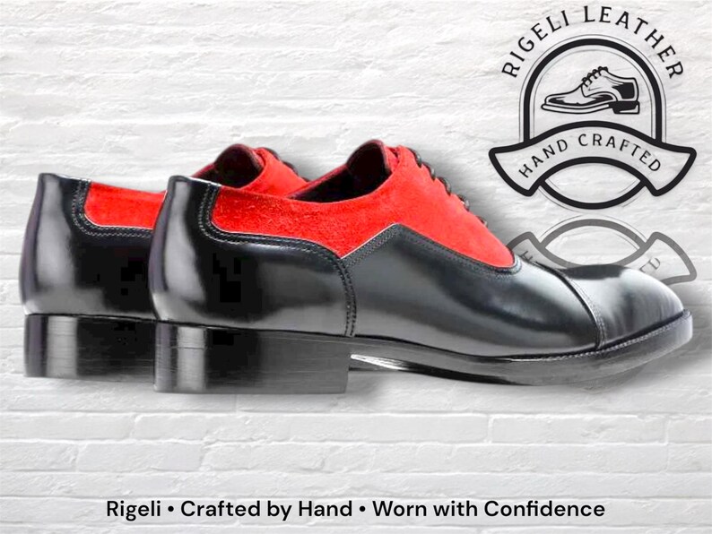 May include: Black and red leather dress shoes with a two-tone design. The shoes have a glossy black finish on the lower portion and a red suede upper. The image includes the text "Rigeli Leather Hand Crafted".