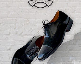 Handmade Black Leather Oxford Shoes: Men's Patent Suede Cap-Toe Dress Shoes