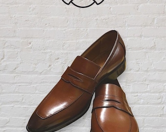 Handcrafted Brown Leather Penny Loafers - Elegant Formal Dress Shoes