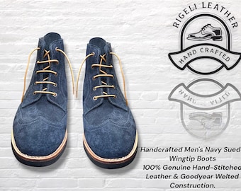 Handgemaakte marineblauwe suède wingtip brogue laarzen voor heren, Goodyear welt leren enkellaarzen, klassieke geklede laarzen, op maat gemaakte leren laarzen