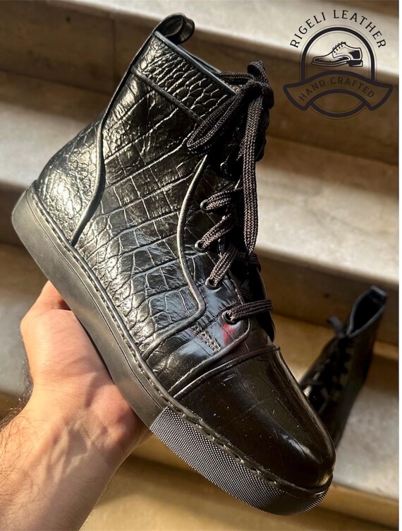 Handmade Black Croc-Embossed Leather High-Top Sneakers