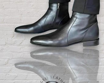 Botines de cuero negro para hombre, hechos a mano – Botines Chelsea con cremallera – Calzado de lujo artesanal