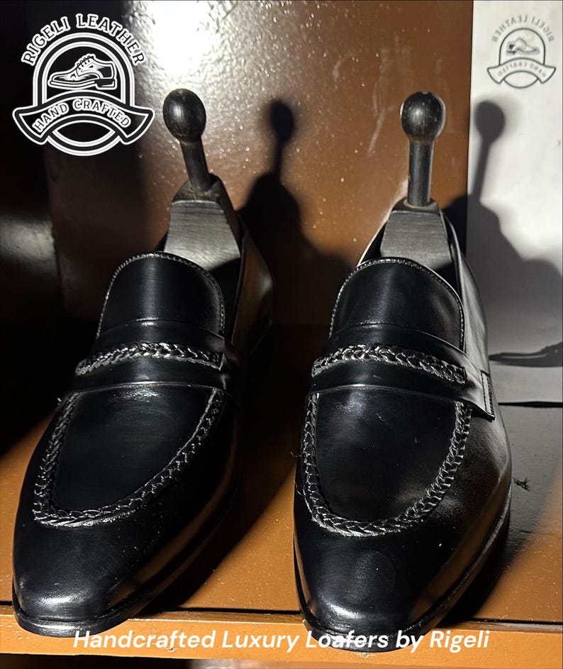 Svarta herrloafers i läder | Handgjorda finskor i fullnarvat läder (anpassad) bild 5