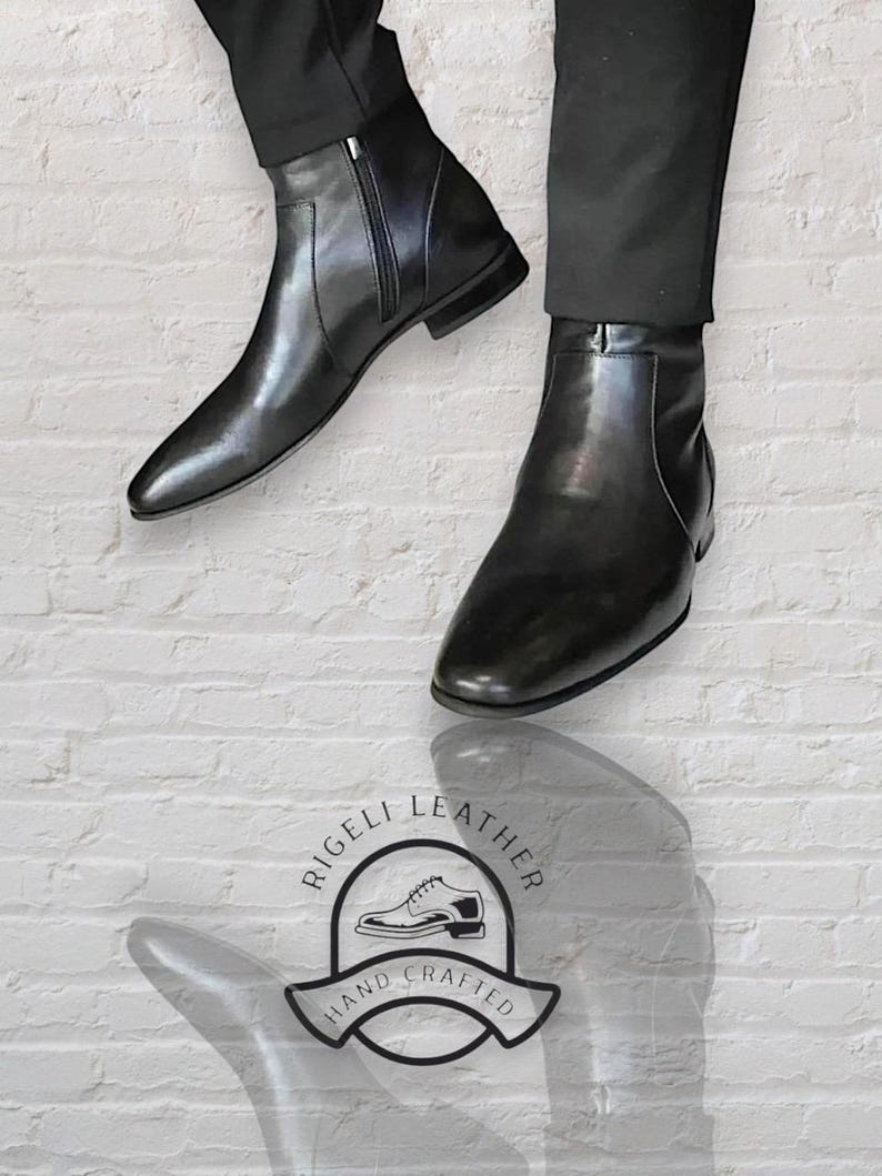 Herren handgefertigte schwarze Leder Ankle Boots - Reißverschluss-Chelschel-Stiefel - Handgefertigte Luxusschuhe Bild 2