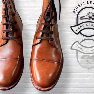 Handmade Brown Leather Lace-Up Boots | Rigeli Leather Artisan Boots | Vintage Style Men’s Ankle Boots | Custom Handcrafted Footwear