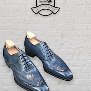 Handcrafted Blue Italian Leather Oxford Shoes: Wingtip Brogue