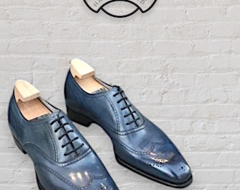 Handcrafted Blue Italian Leather Oxford Shoes: Wingtip Brogue