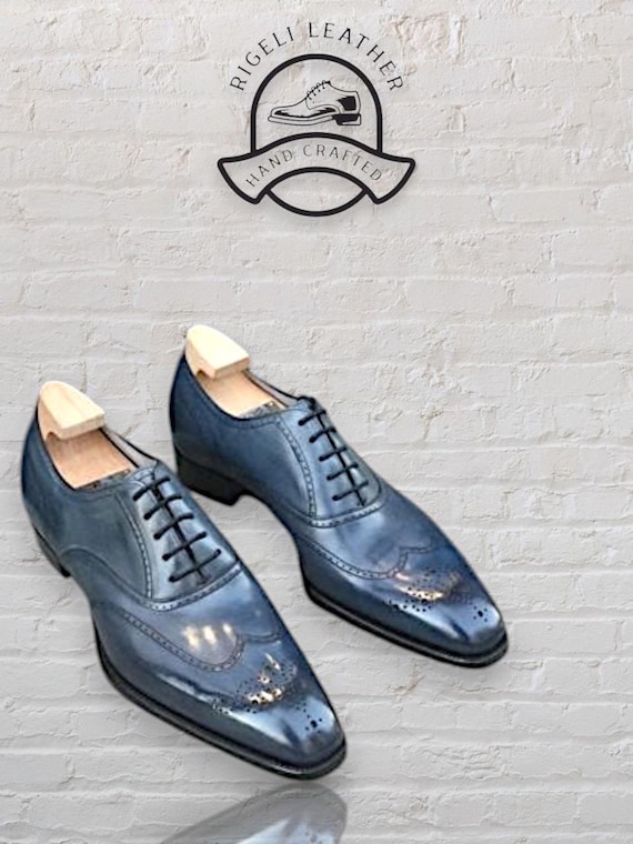 Handcrafted Blue Italian Leather Oxford Shoes: Wingtip  display picture 1