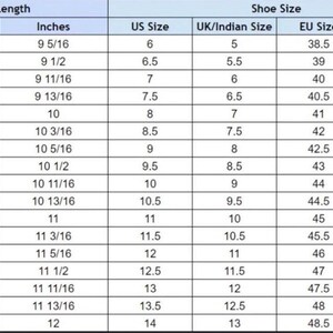 May include: A chart showing shoe size conversions for men's shoes. The chart includes foot length in centimeters and inches, US shoe size, UK/Indian shoe size, EU shoe size, and CM/JP shoe size.
