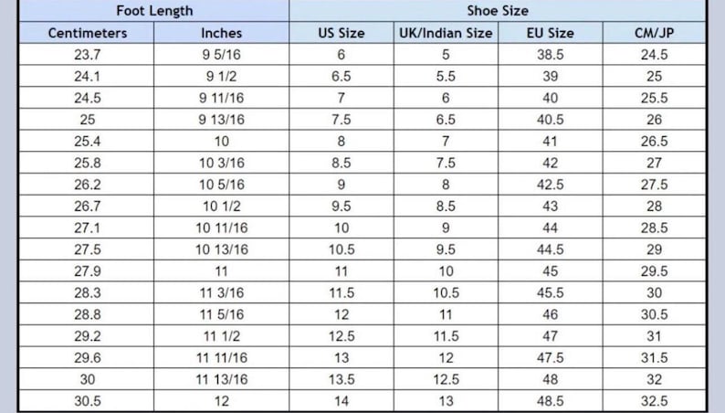 May include: A chart showing shoe size conversions for men's shoes. The chart includes foot length in centimeters and inches, US shoe size, UK/Indian shoe size, EU shoe size, and CM/JP shoe size.