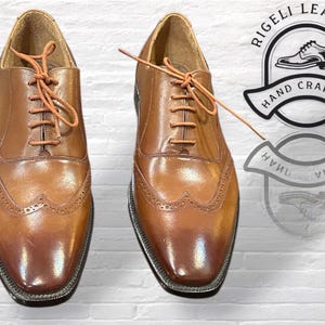 Handmade Brown Leather Wingtip Oxford Shoes: Goodyear Welted Brogue&#39;s