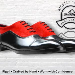 May include: Pair of black and red leather dress shoes with black laces. The shoes have a glossy finish on the toe and a suede-like red upper. The image includes the text "Rigeli Leather, Hand Crafted, Worn with Confidence."