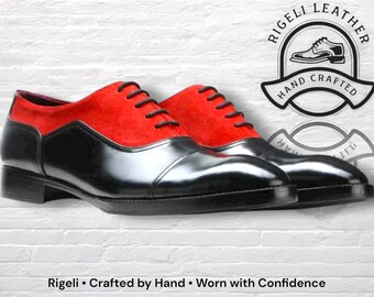 Handmade Black & Red Leather Cap-Toe Oxford Shoes: Customizable Fit