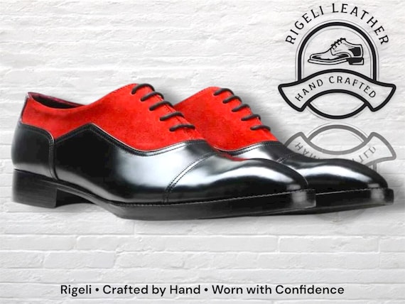 Handmade Black & Red Leather Cap-Toe Oxford Shoes: Customizable Fit