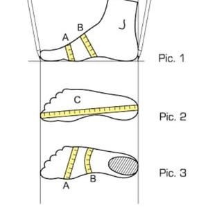 May include: Diagram illustrating foot measurement methods for shoe sizing. The image shows three different views of a foot with labeled measurement points A, B, and C. Yellow measuring tapes are used to indicate the measurement areas. The text "Pic. 1", "Pic. 2", and "Pic. 3" are also visible.