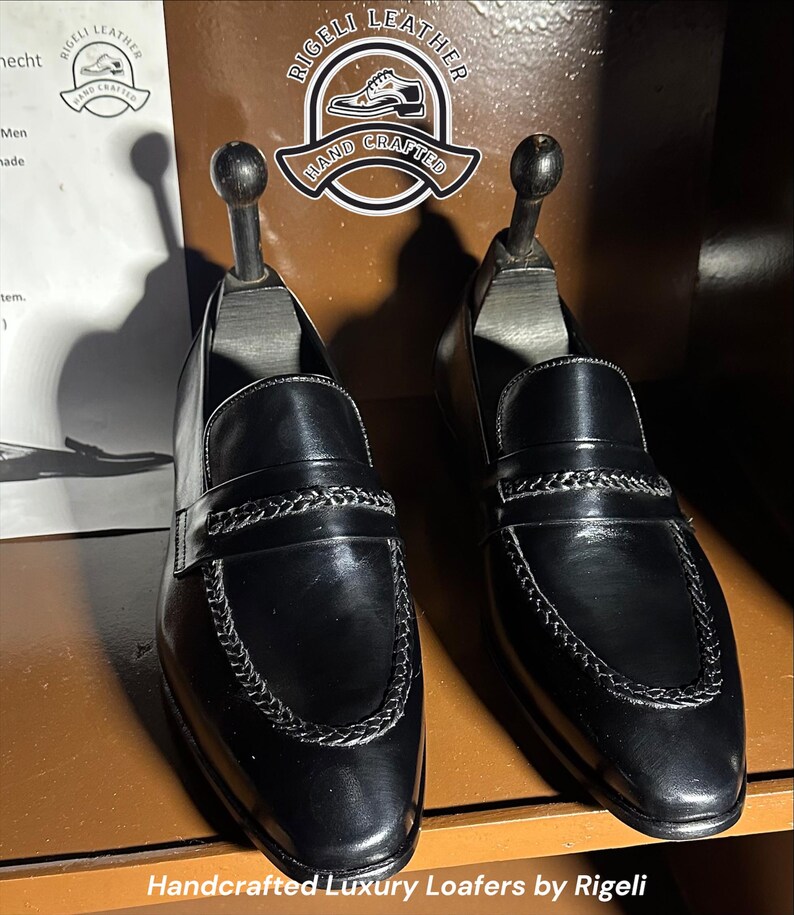 Svarta herrloafers i läder | Handgjorda finskor i fullnarvat läder (anpassad) bild 13