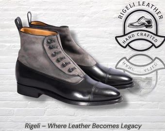 Botas de vestir para hombre hechas a mano con botones – Botas de vestir de cuero negro y gamuza gris, estilo victoriano vintage.