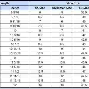 May include: A shoe size conversion chart with a light blue header and white background. The table lists foot length in centimeters and inches, alongside corresponding US, UK/Indian, EU, and CM/JP shoe sizes, ranging from 23.7 cm to 30.5 cm.
