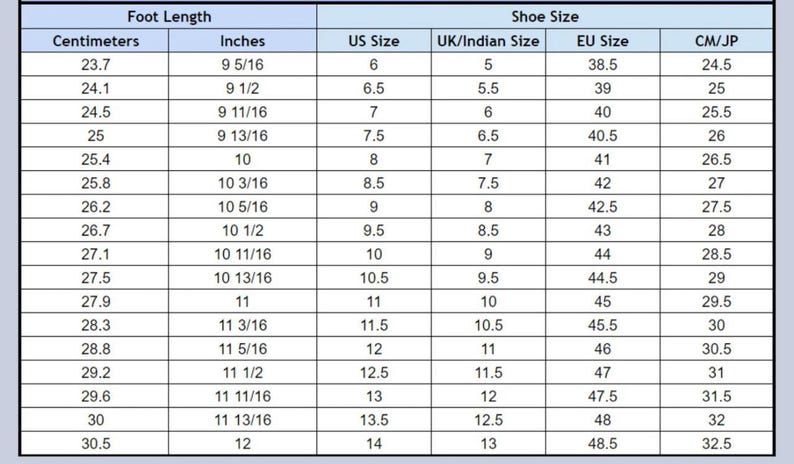 May include: A shoe size conversion chart with a light blue header and white background. The table lists foot length in centimeters and inches, alongside corresponding US, UK/Indian, EU, and CM/JP shoe sizes, ranging from 23.7 cm to 30.5 cm.
