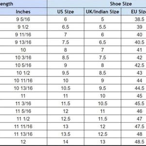 May include: A shoe size conversion chart with measurements in inches, centimeters, and corresponding US, UK/Indian, EU, and CM/JP sizes. The chart includes foot lengths from 9 5/16 inches (23.7 cm) to 12 inches (30.5 cm).