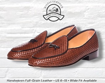 Handvävda loafers i fullnarvat läder för män | Slip-on finskor | Bred passform tillgänglig
