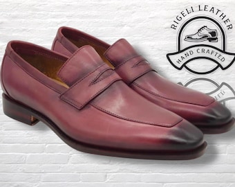 Ręcznie robione bordowe skórzane mokasyny typu penny loafers | Polerowane, szyte buty wizytowe Blake