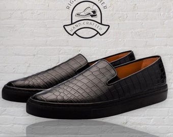 Handmade Black Croc-Embossed Leather Slip-On Sneakers: Men's Luxury Streetwear