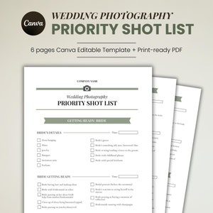 May include: A printable checklist for wedding photography with a green and white colour scheme. The checklist includes sections for getting ready, the ceremony, the reception, and the bride and groom's portraits. The checklist is titled "Wedding Photography Priority Shot List".