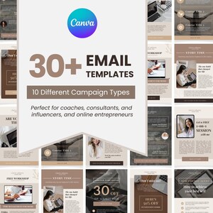 May include: A collage of 15 email templates with a beige and brown color scheme. The templates feature text such as "Story Time", "Free Workshop", "Limited Time Offer", and "New Course Alert". The text "30+ Email Templates" is displayed in large, brown text at the top of the collage.
