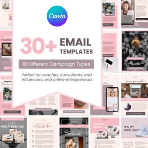 May include: A collage of pink and white email templates for coaches, consultants, and online entrepreneurs. The templates feature various designs, including a Christmas theme, a birthday theme, and a webinar recap. The text "30+ EMAIL TEMPLATES" is displayed in large, pink letters.