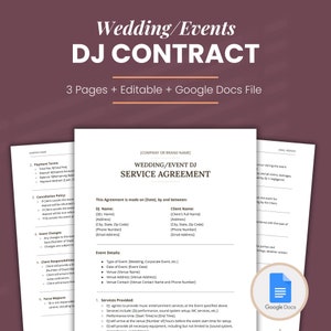 Wedding DJ Contract Template Google Docs for Event DJ Service Agreement for Party Planning Event and Vendor Contract Editable Document PDF