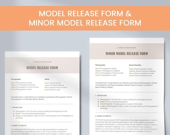 May include: A model release form and a minor model release form. Both forms are legal documents that grant permission to use photographs of a person for commercial purposes.