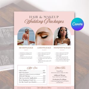 Modelo de lista de preços de pacotes de maquiagem e cabelo para noivas para guia de preços de maquiagem e penteados para casamento para folha de serviços de maquiador Canva