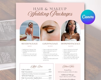 Bridal Hair and Makeup Package Price List Template for Wedding Hair Styling and Makeup Pricing Guide for Makeup Artist Service Sheet Canva