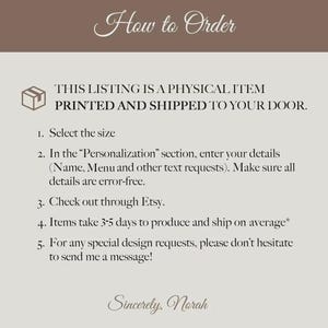 May include: An informational graphic with a brown header and light gray background titled How to Order. It lists five steps for purchasing a physical item, including selecting a size, entering personalization details, and contacting the seller.