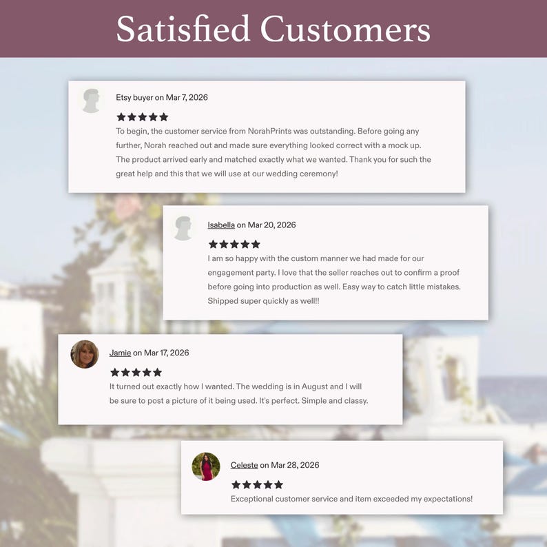 May include: A graphic display titled Satisfied Customers featuring four white rectangular customer review boxes. Each box contains a user name, a date, a five-star rating, and written feedback regarding custom products and customer service experiences.