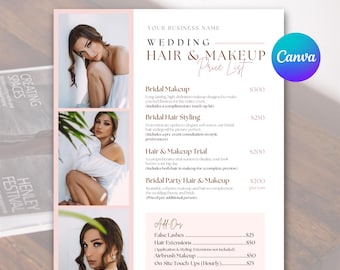Plantilla de guía de precios de maquillaje y peinado para bodas en Canva, lista de precios de maquillaje y peinado para novias, lista de precios de maquilladores, menú de servicios de peluquería
