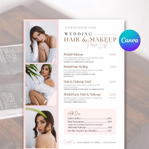 Wedding Hair and Makeup Pricing Guide Template Canva, Bridal Makeup and Hair Price List, Makeup Artist Pricelist, Hair Stylist Service Menu