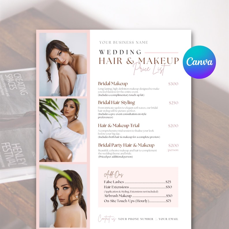 Elegant, fully editable Bridal Hair & Makeup Pricing Guide Template for HMUAs. Customize text, colors, and layout in Canva. Perfect for showcasing wedding beauty services with a professional design.