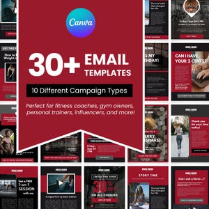 May include: A collage of 16 email templates for fitness coaches, gym owners, personal trainers, influencers, and more. The templates feature a red and black color scheme with images of people exercising and motivational text.