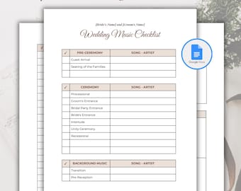 May include: A printable wedding music checklist with sections for pre-ceremony, ceremony, and background music. Each section has a column for the song and artist. The checklist is editable and can be accessed through Google Docs.
