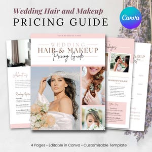 Modelo de guia de preços para maquiagem e cabelo de casamento Canva Lista de preços para maquiagem e cabelo de noiva, brochura de folha de preços para maquiadores e estilistas de beleza